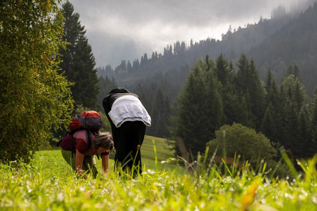 Conny Kroll sucht mit Kursteilnehmerin Wildkräuter auf der Kräuterwanderung im Allgäu